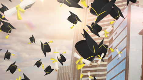 graduation caps flying in air, celebration animation over cityscape background