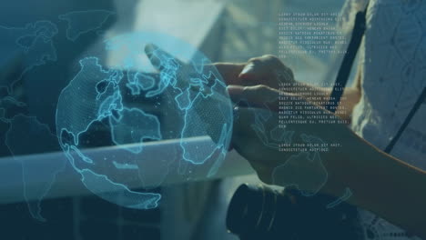 animation of data processing and globe over biracial woman using smartphone