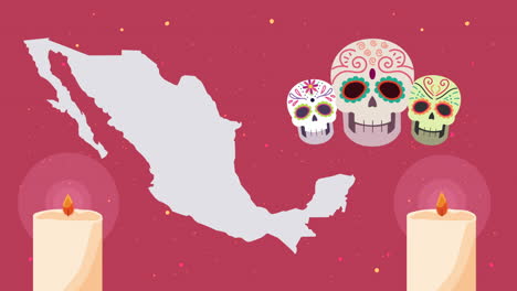 day of the dead illustration with mexican map and sugar skulls