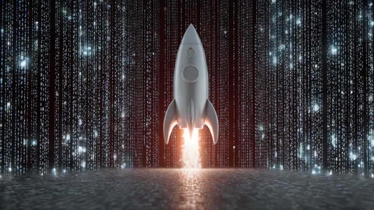 Silver toy rocket launching with bright flames and smoke against a dark background featuring falling digital code, symbolizing business startups, technological innovation, and new ventures