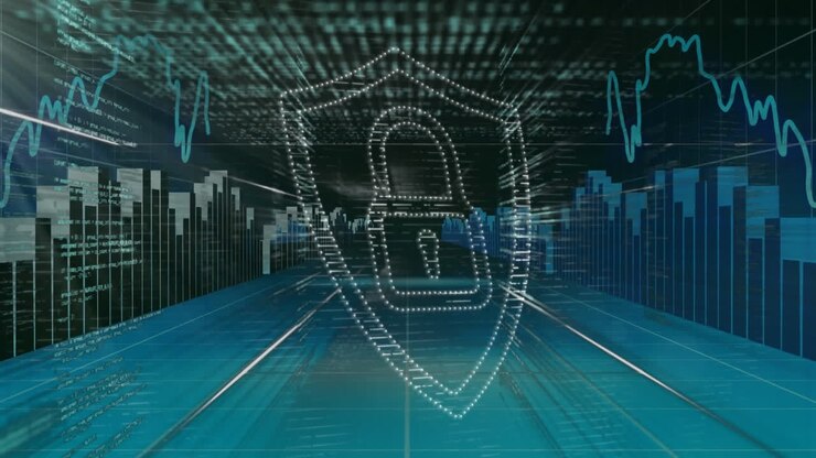Animation of security padlock icon, light spot and statistical data processing on black background