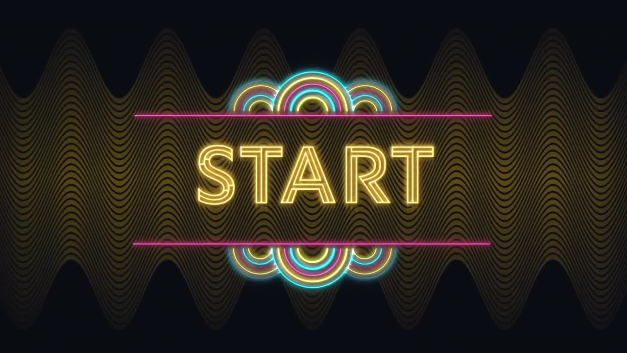 Animation of text, start, in yellow neon, over wavy lines moving on dark background