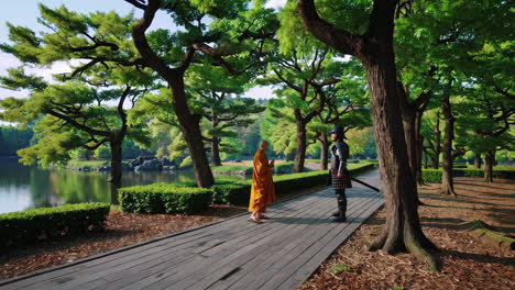 monk and samurai in a japanese garden