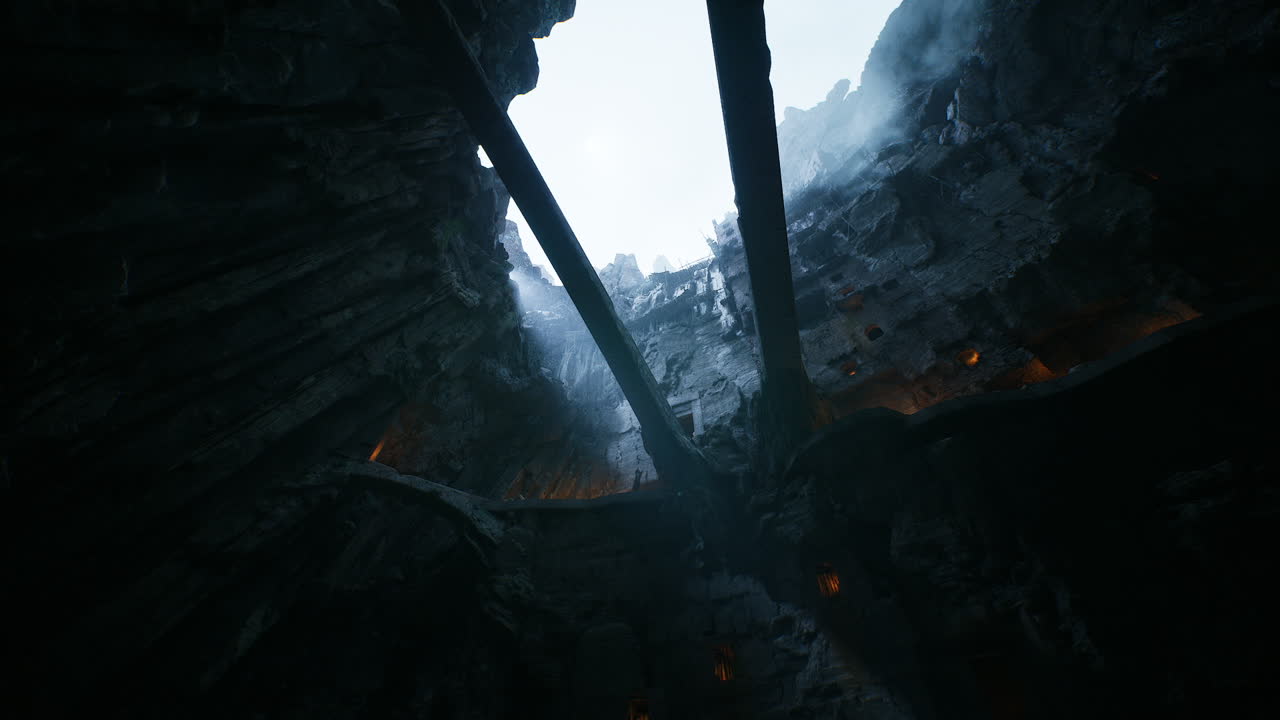 Mysterious underground cavern with beams of light and ancient architecture