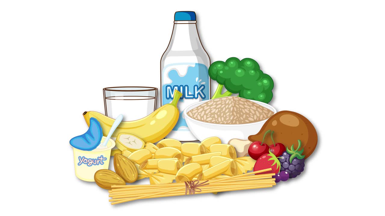 Various food group illustrations smoothly assemble into a balanced diet composition on a white background