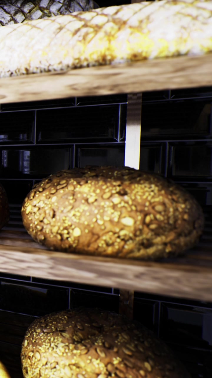 Pane appena sfornato esposto su scaffali di legno in una zona cucina