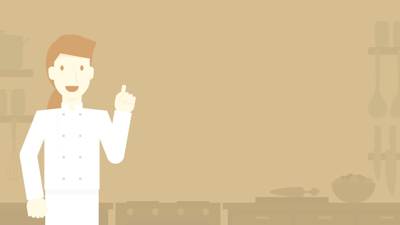 부에서 모자를 입은 요리사 여성, 밝은 갈색 배경, 복사 공간과 함께 원활한 루핑 애니메이션 4k