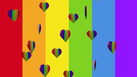 Animation-of-rainbow-hearts-spinning-and-rainbow-stripes