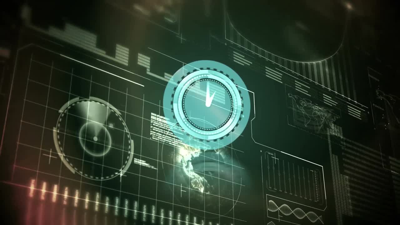 Animation of clock moving fast and data processing over screen