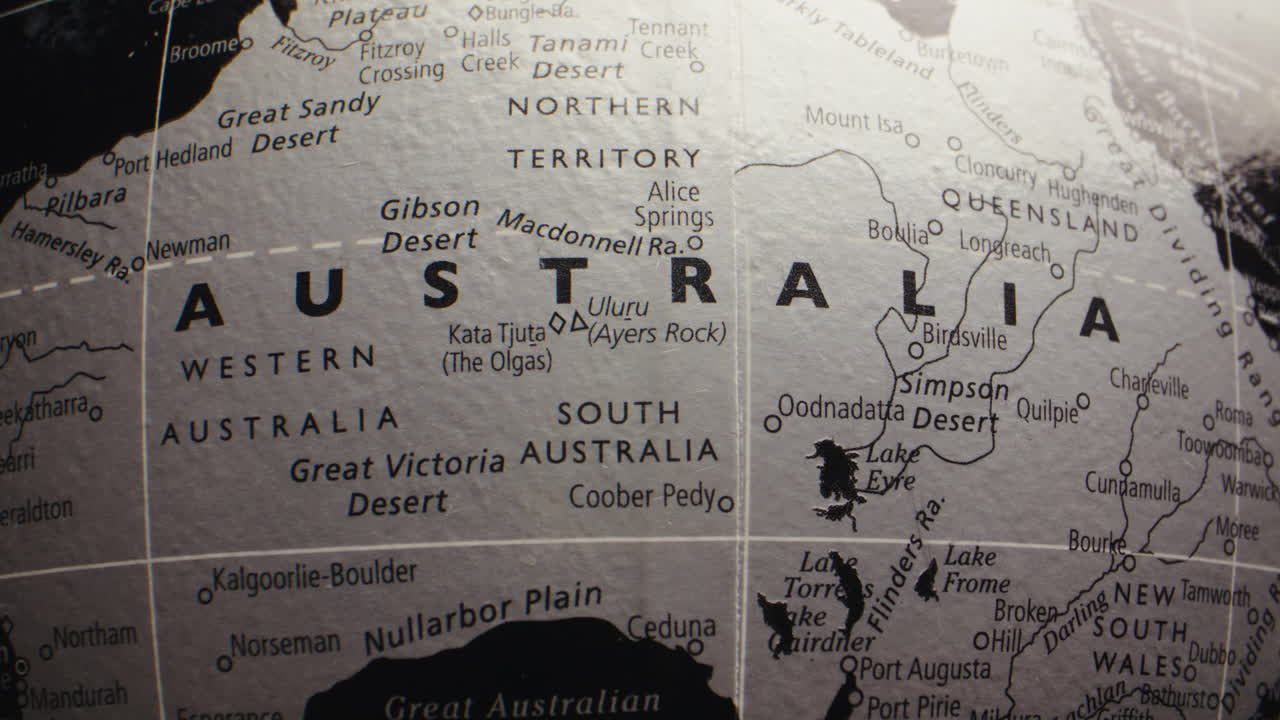 Close-up view of Australia on a world map