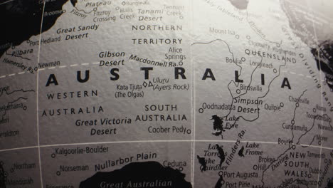 close-up view of australia on a world map
