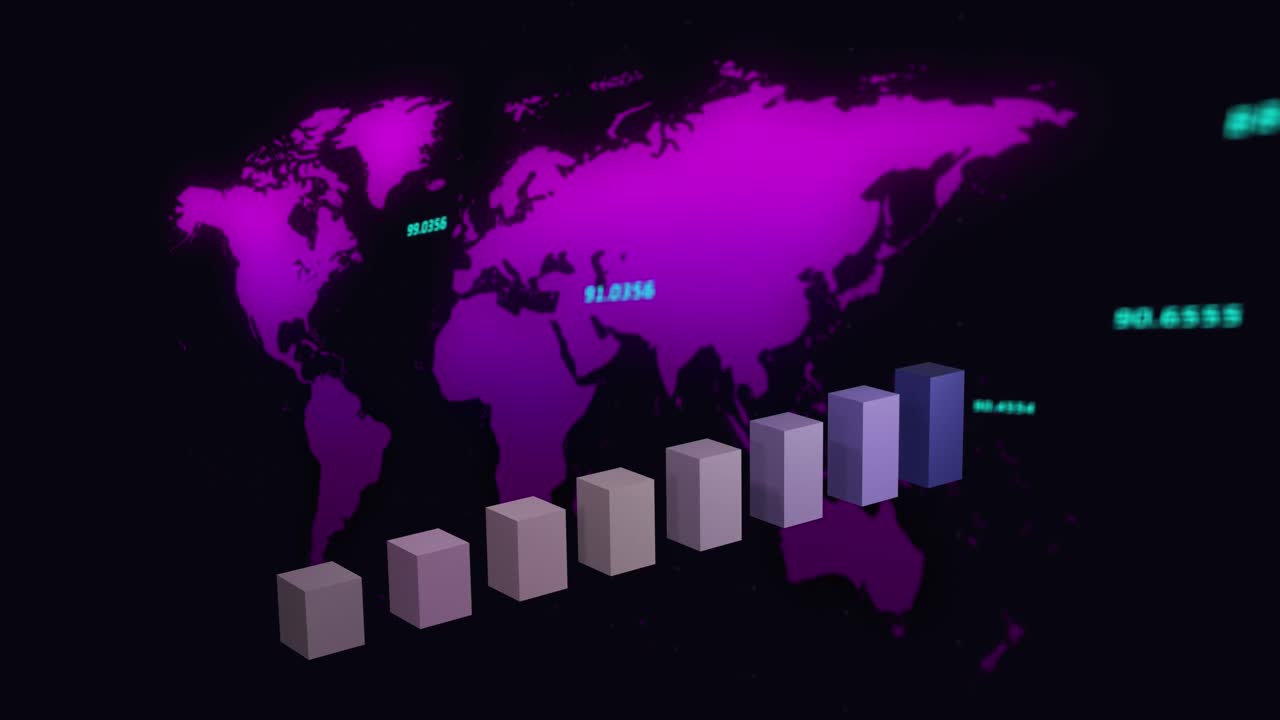Animazione di elaborazione dati finanziari su una mappa del mondo.