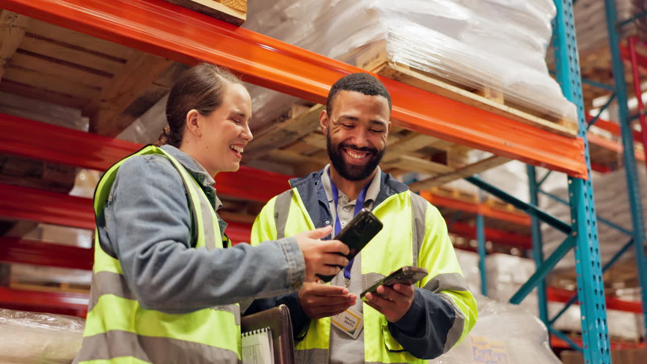 Warehouse workers using cell phones for inventory management