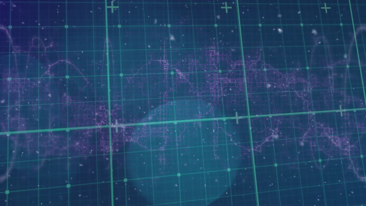 Animation of digital grid overlaying abstract data visualization on blue background