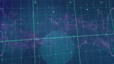 animation of digital grid overlaying abstract data visualization on blue background