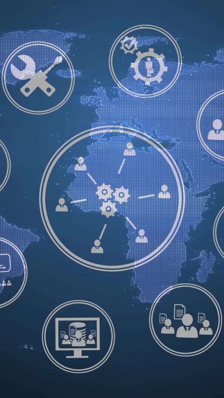 Video verticale: Due ingranaggi che appaiono sulla mappa, formando un hub, collegando gli utenti, un anello che cresce, mostrando strumenti