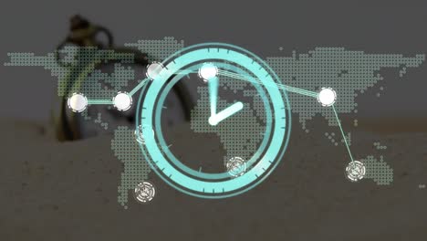 animación de un reloj en movimiento sobre una red de conexiones y un mapa del mundo