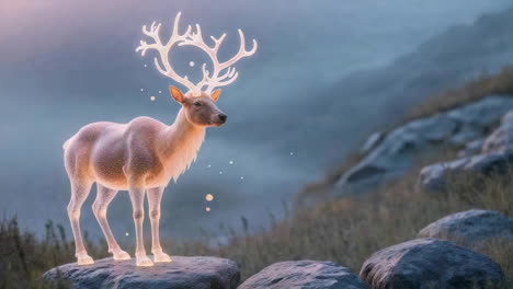 glowing reindeer in a misty mountain landscape