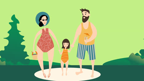 animation of family holding hands and wearing swimming suits on green background