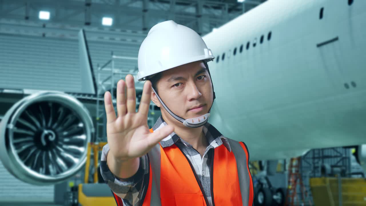 안전 헬을 입은 아시아 남성 엔지니어가 거에 있는 항공기와 함께 서 있는 동안 손 표시 없이 불쾌감을 표합니다.