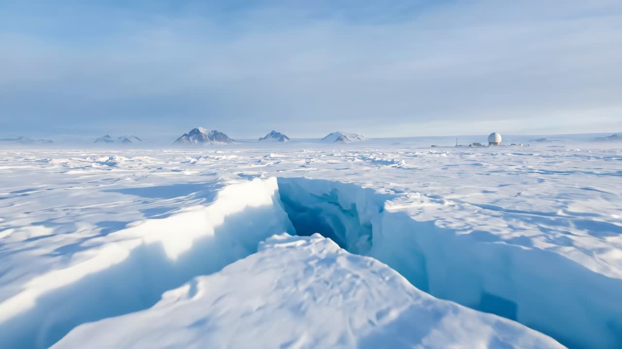 Vista aérea de uma profunda fenda em um vasto campo de gelo polar