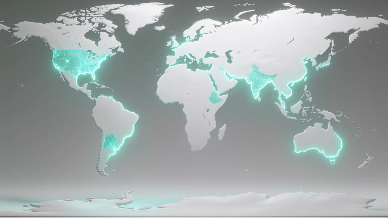 Starting animation making centered 3D world map pulsing neon teal outlines in set showing regions