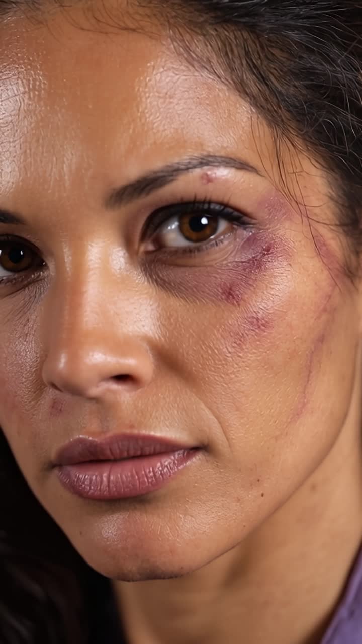 Donna con occhio e guancia lividi guarda intensamente la fotocamera. La sua espressione mostra dolore, rabbia o risolutezza. Il primo piano enfatizza i dettagli della lesione e lo sguardo deciso. Adatto per scene che coinvolgono una lotta.