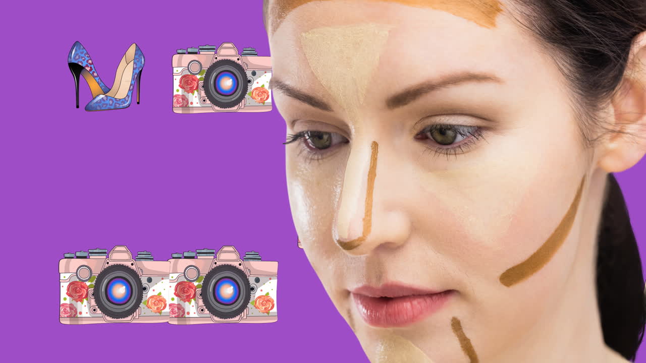 보라색 배경 위에 신발과 카메라 아이콘과 모델의 애니메이션