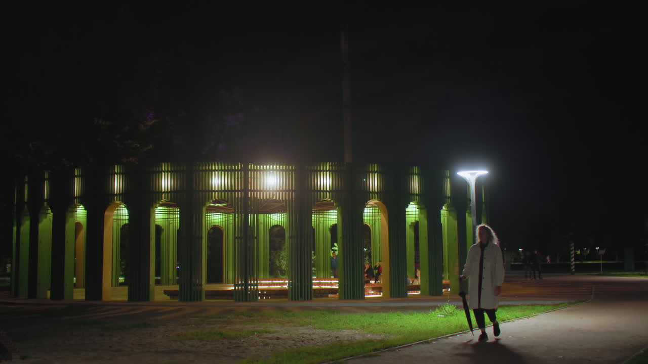 Young girl dressed in white coat walking through serene night park holding umbrella, passing by glowing streetlights and modern illuminated green pavilion structure with people in background