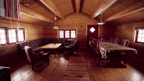 dining and living area inside the wooden cabin in the mountain