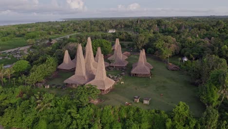 the famous kampung adat ratenggaro at sumba island during sunrise, aerial