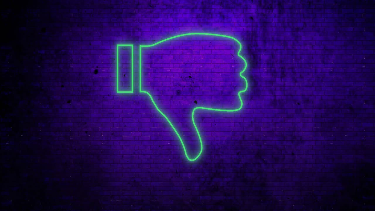 pulgares hacia abajo signo de neón en la pared de ladrillo 4k