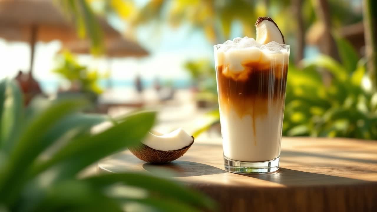 Refreshing coconut drink featuring layers of creamy white and dark coffee served in a clear glass on a wooden table, surrounded by tropical greenery and a beach setting, evoking relaxation