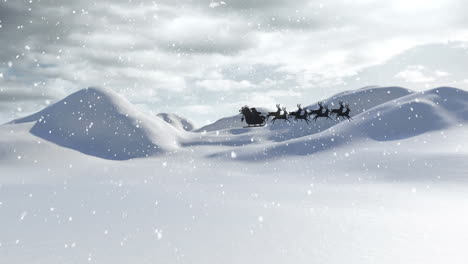 animation of santa claus in sleigh with reindeer passing over snowy winter scenery