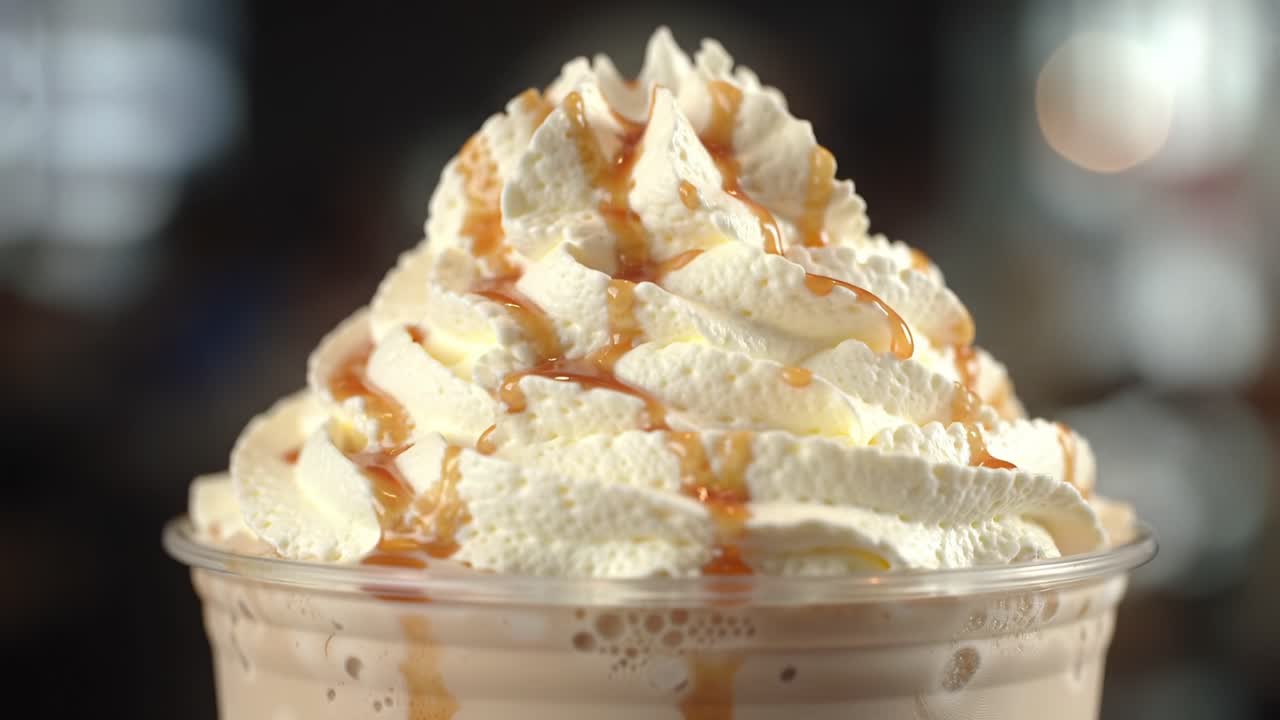 Decadent Creamy Delight: A Close-Up of a Creamy Beverage Topped with Whipped Cream and Drizzled Caramel, Serving Looks That Indulge Your Sweet Tooth