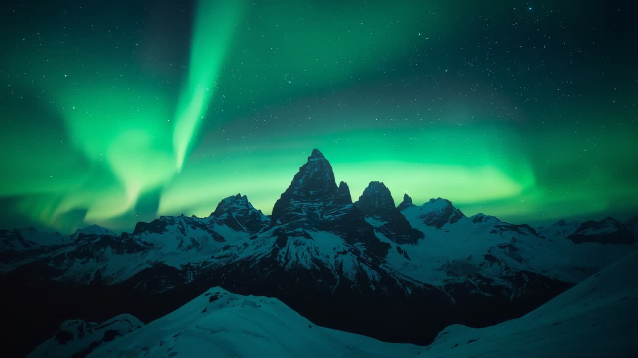 Shimmering auroral curtains intensifying from solar wind over central jagged peak, lighting snow