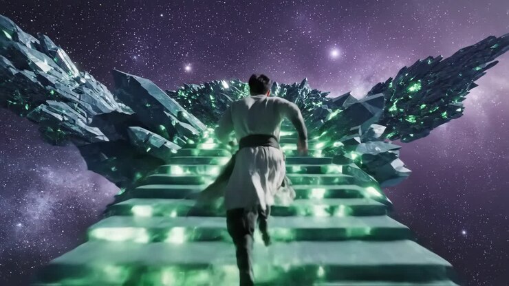 Fantasy Man Running on Crystal Stairs in Space