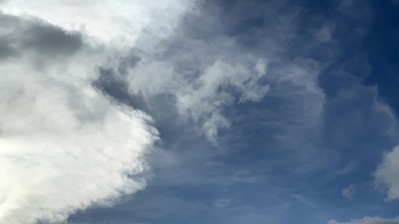 Fast moving clouds moving sideways and shape shifting over a blue sky background. Airplane view, motion timelapse