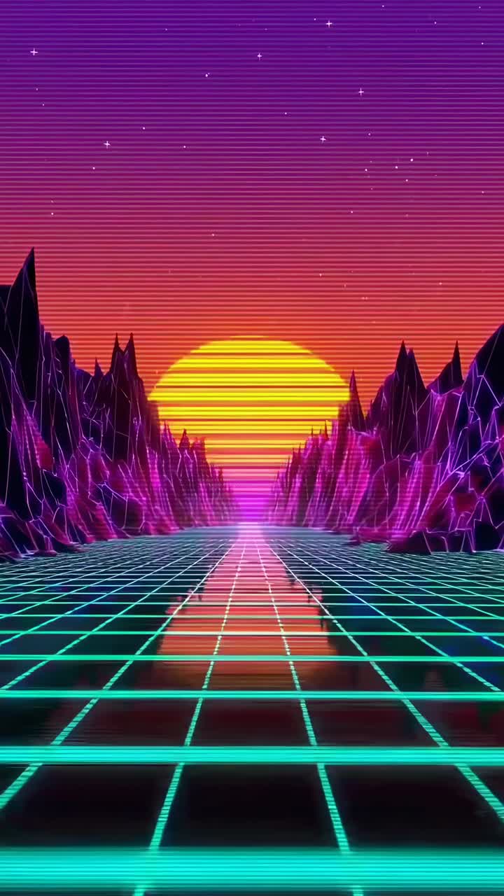 Video retro-futuristico con vista dal basso di un paesaggio a griglia al neon e un tramonto.