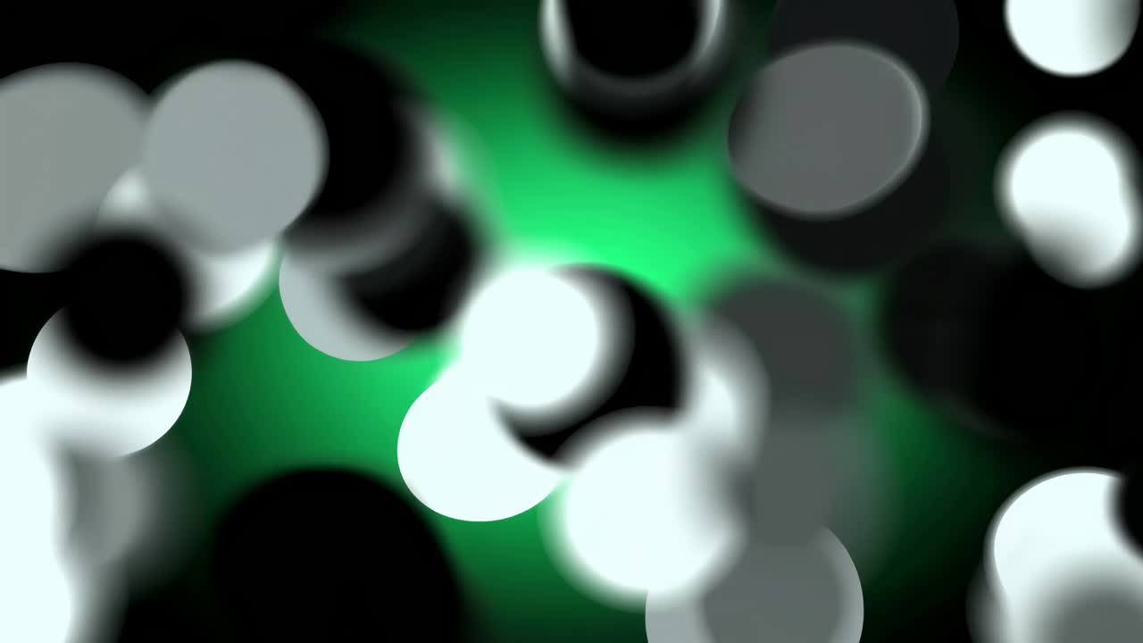Cerchi bokeh verdi e bianchi fluttuanti creano uno sfondo di movimento energico, diffusione morbida, profondità stratificata.