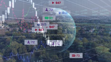 Animation-of-social-media-icons-and-financial-data-processing-over-globe-and-cityscape