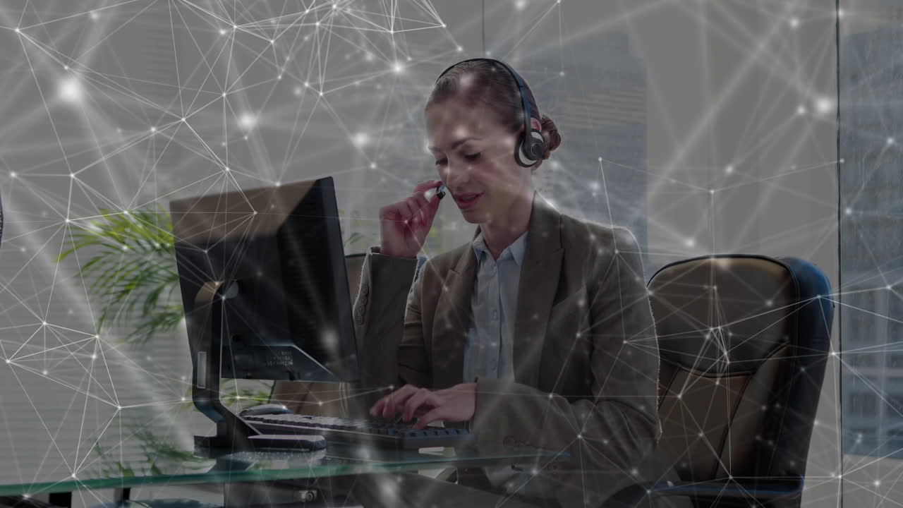 Animation of networks of connections over caucasian businesswoman using computer