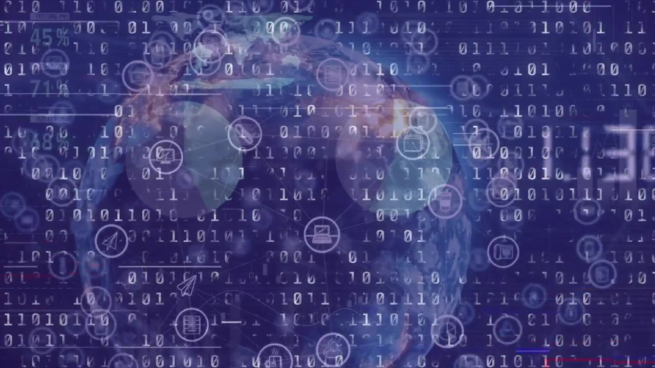 Ved indlæsning roterer en 3D-globus, mens binære cifre strømmer, og ikoner kredser for at illustrere et globalt netværk.