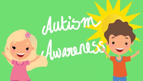 animation of autism awareness text over girl and boy smiling over sun on green sky