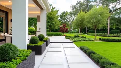 a walkway leads to a large white house with a green lawn