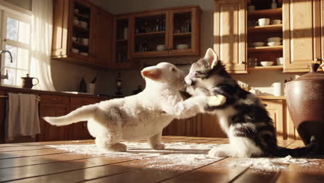 puppy and kitten play in the kitchen