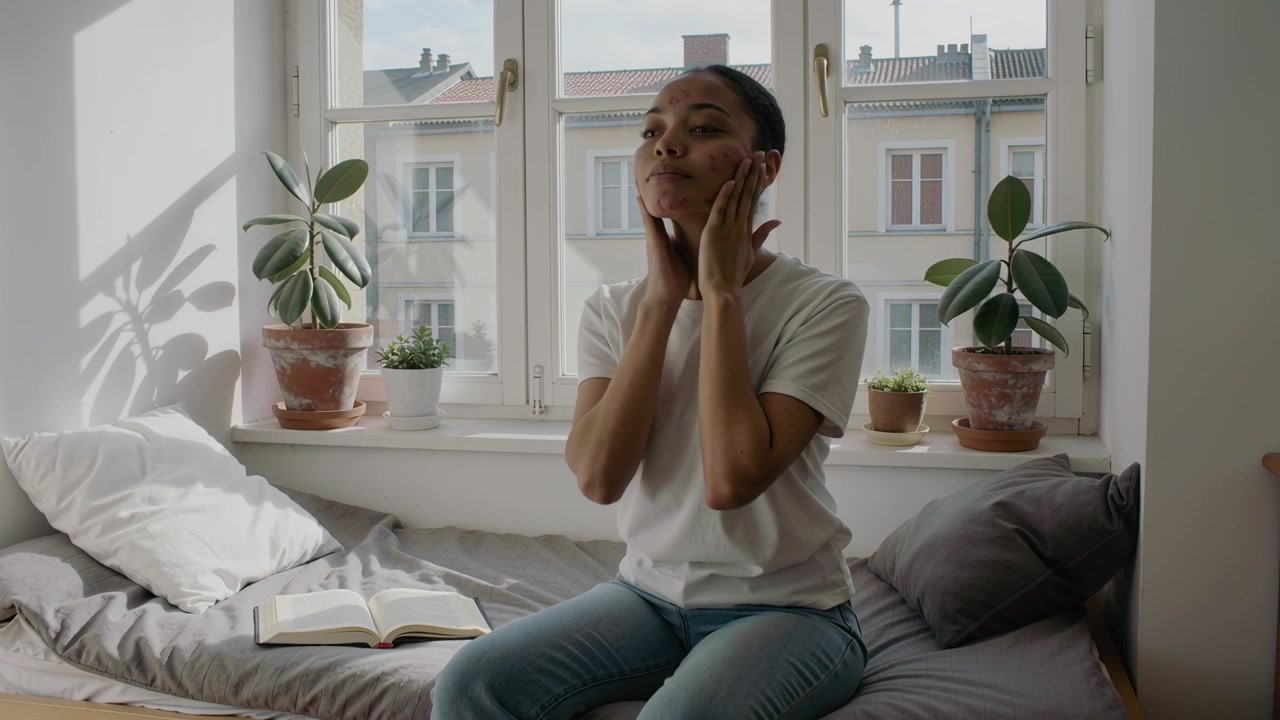 Starting patting cream, woman white tee and jeans rubbing face or neck on window bench for skincare