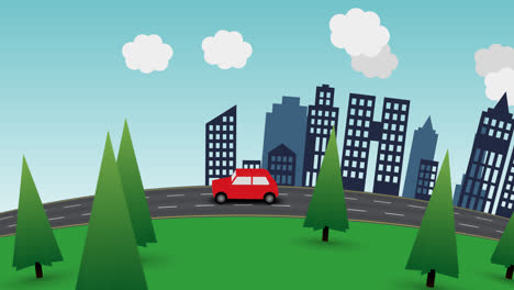 Loopable-color-animation-with-a-red-car-as-it-travels-along-the-highway-at-day-and-night.-The-car-is-going-from-the-countryside-with-meadows-and-farms-to-the-city-with-the-skyscrapers.