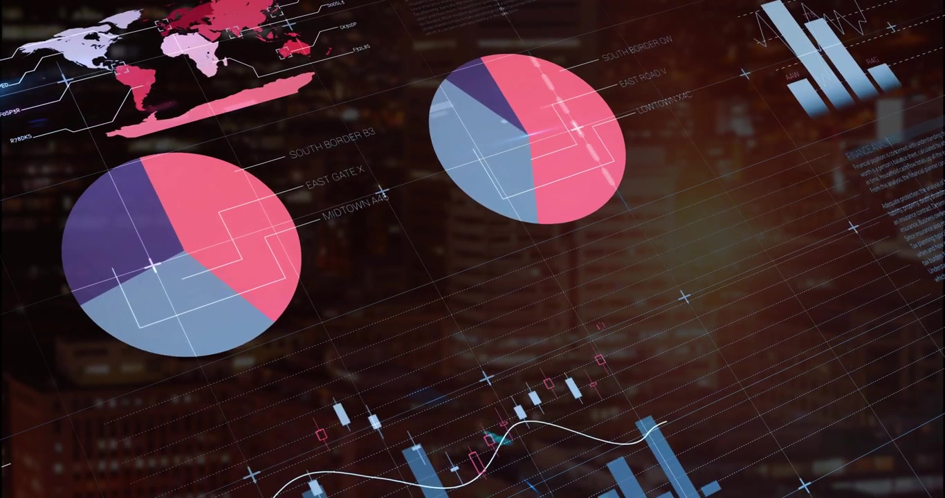 Infographic dashboard starting with table appearing gauge dropping bars rising and data visualizing