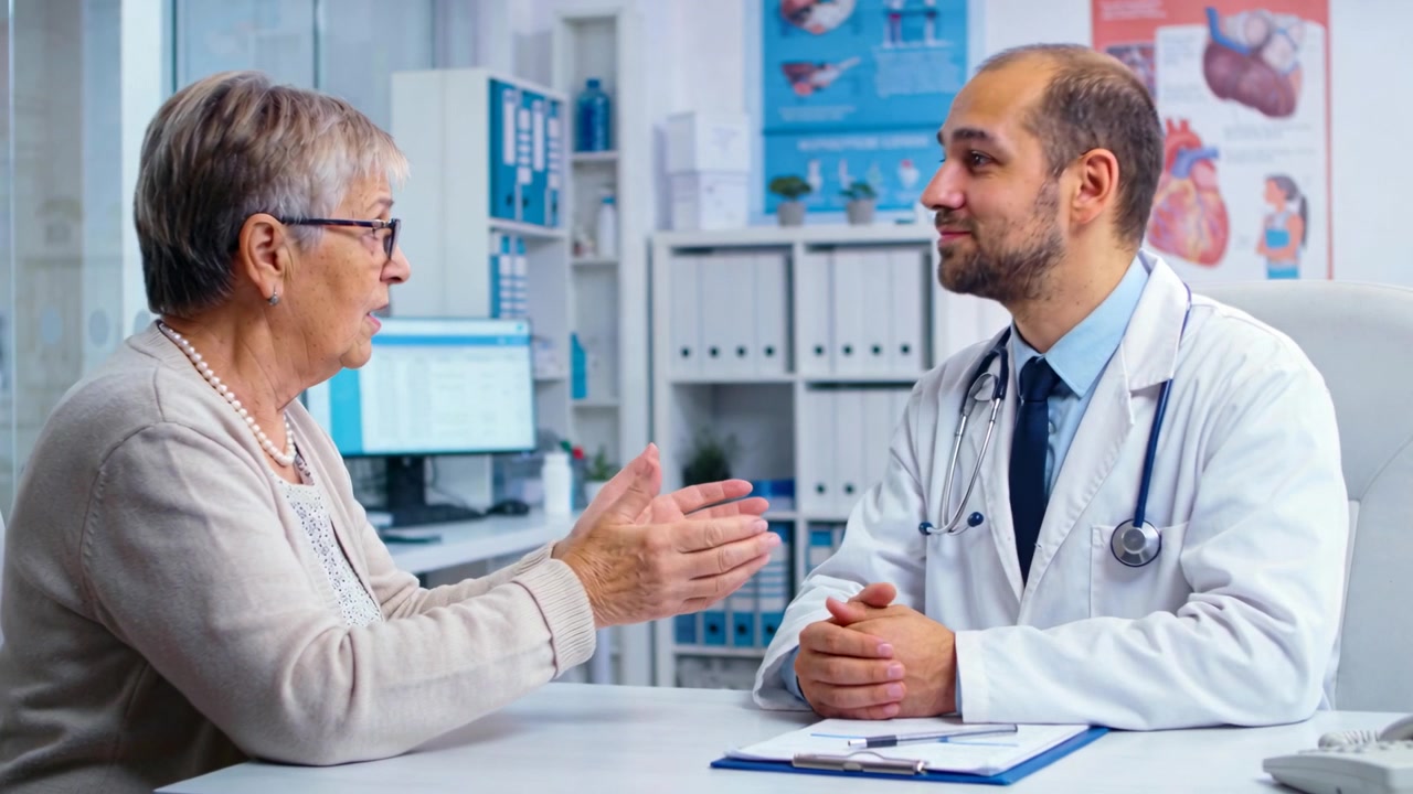 Donna che spiega le sue preoccupazioni cardiache, gesticolando e tranquillizzandosi con un medico in camice e stetoscopio in clinica.